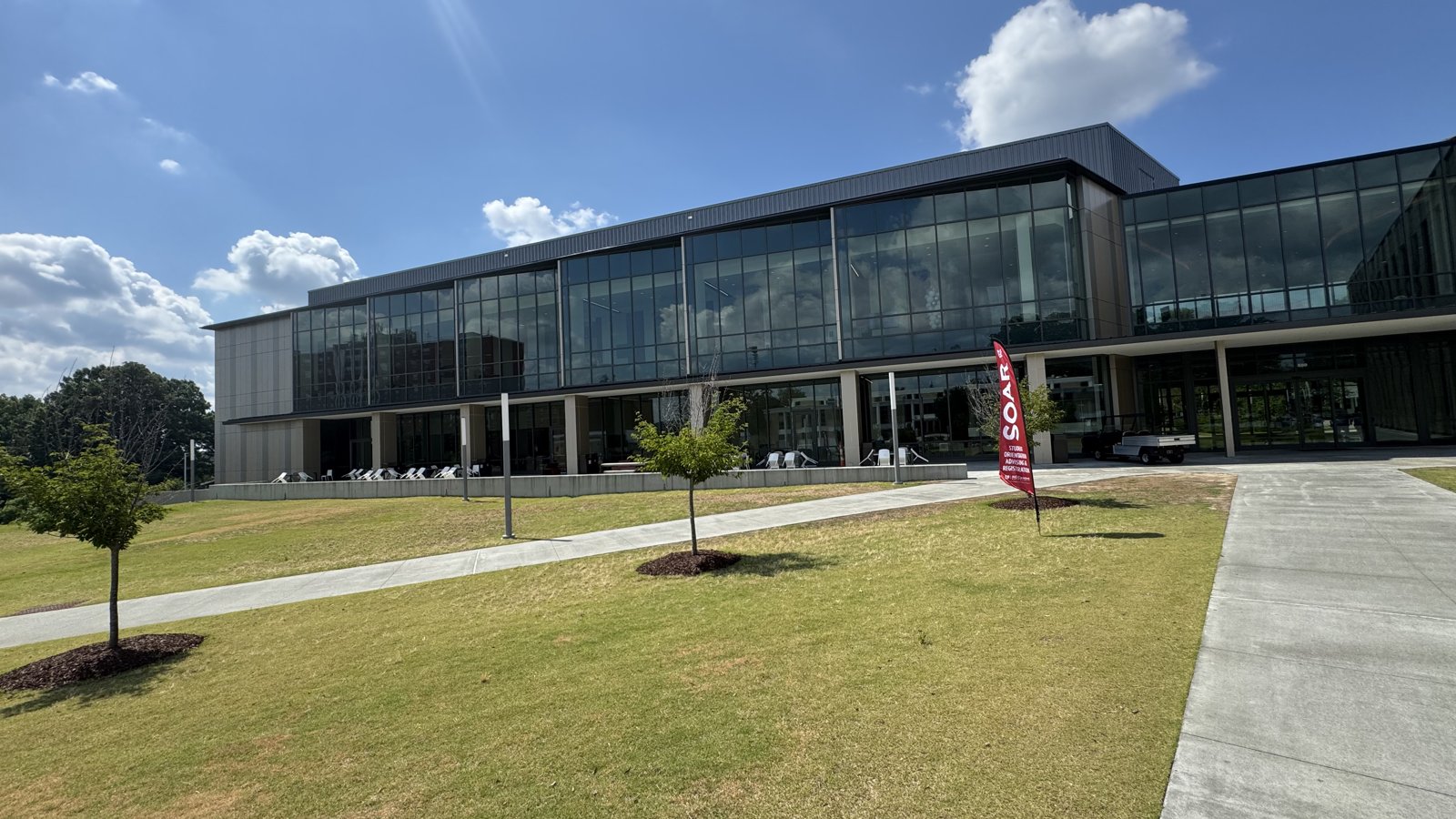 Exterior of the NCCU Student Center, a modern glass-and-metal building on the North Carolina Central University campus